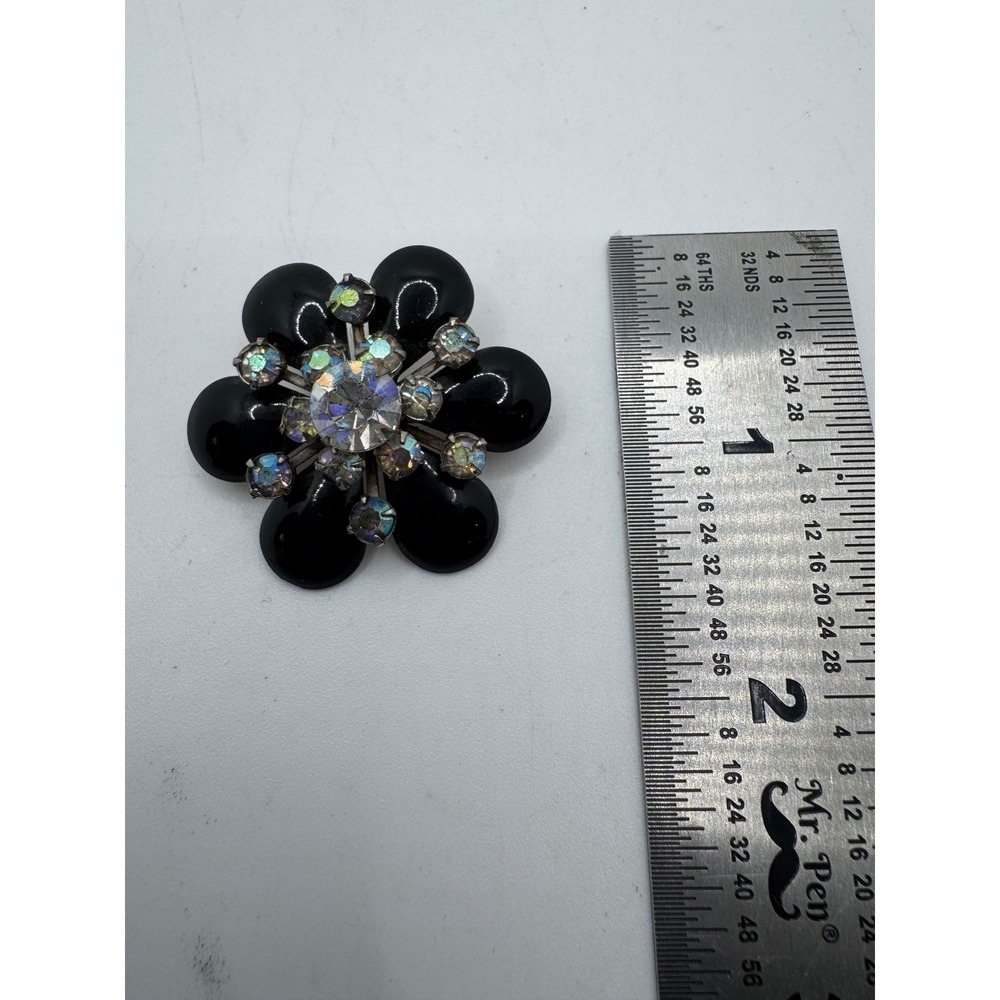 Vintage Black Enamel Flower Brooch Aurora Borealis Rhinestone Floral Pin - Picture 3 of 3